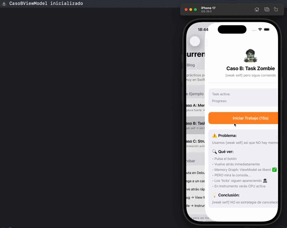 Logs del Caso B mostrando que el ViewModel se destruye pero la Task sigue ejecutándose