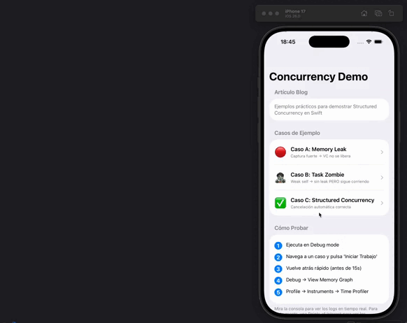 Logs del Caso C mostrando la cancelación inmediata de la Task
