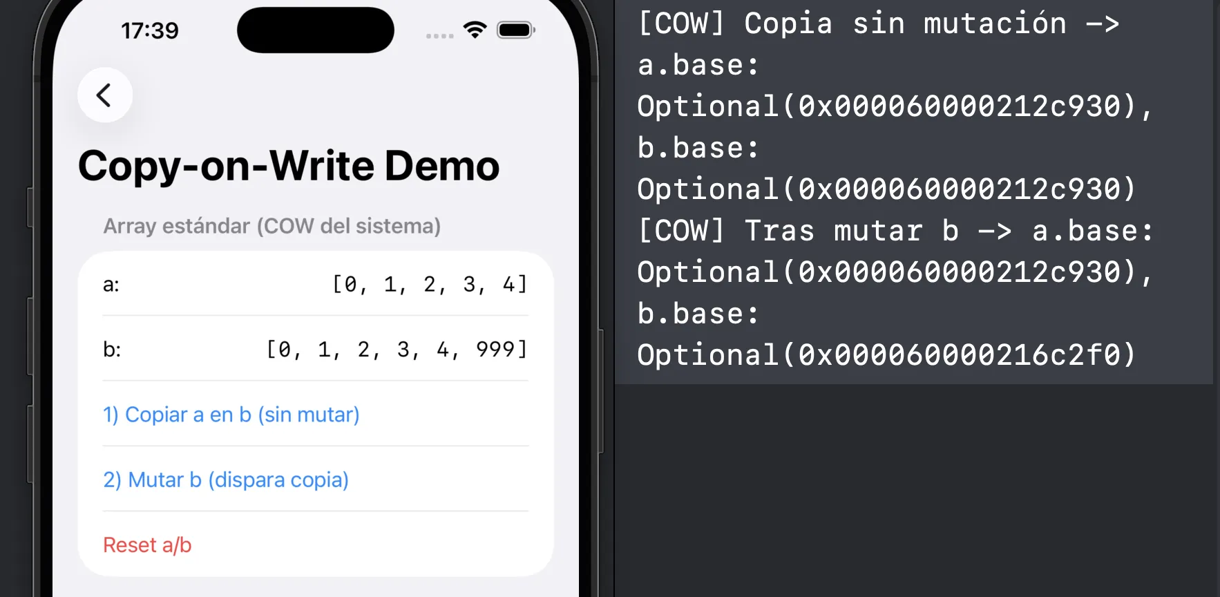 Demo visual de Copy-on-Write en Swift: tras copiar el array a en b, ambos comparten la misma referencia interna; al mutar b, la consola muestra un cambio en la dirección de memoria (base), evidenciando que se ha realizado una copia real.