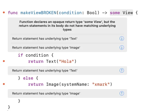 Captura de Xcode mostrando el error de compilación 'Function declares an opaque return type some View, but the return statements in its body do not have matching underlying types' sobre una función que devuelve Text en una rama e Image en la otra. Las anotaciones señalan 'Return statement has underlying type Text' y 'Return statement has underlying type Image'.